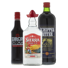 De Kuyper cocktail fles à 500 ml,
Dropshot of Sierra tequila fles à 700 ml
of Muier schipperbitter fles à 1000 ml